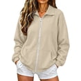 thumbnail image 3 of Women's Loose Fit Zip Up Jacket Collared No Hood Long Sleeve Drop Shoulder Solid Color Soft Cozy Y2K Casual Athletic Sweatshirt with Pockets for Daily Outing Beige M, 3 of 5