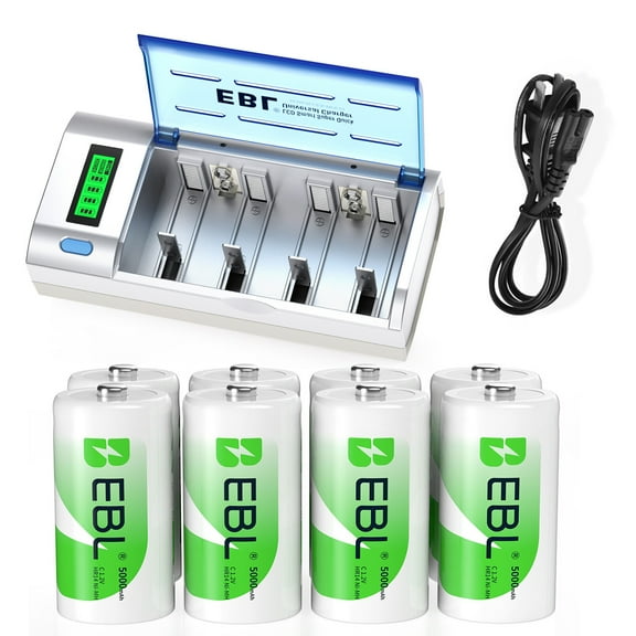 EBL 8-Pack 5000mAh Size C Cell Rechargeable Batteries with LCD Battery Charger for AA AAA 9V C D Ni-CD Ni-MH Battery
