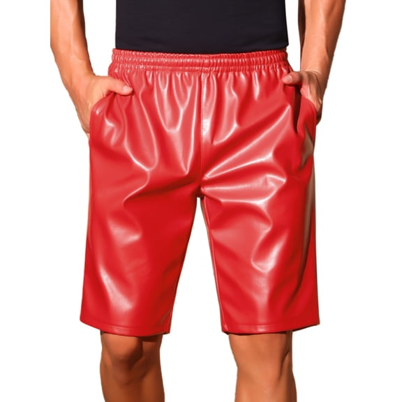 INSPIRE CHIC Halloween Men's Knee Length Elastic Waist Faux Leather Casual PU Shorts 30 Red
