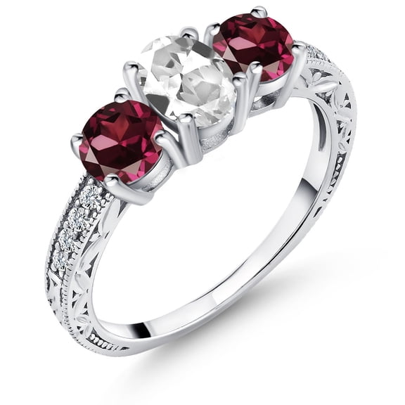 Gem Stone King 2.32 Ct Oval White Created Sapphire Red Rhodolite Garnet 925 Sterling Silver Ring (Size 7)
