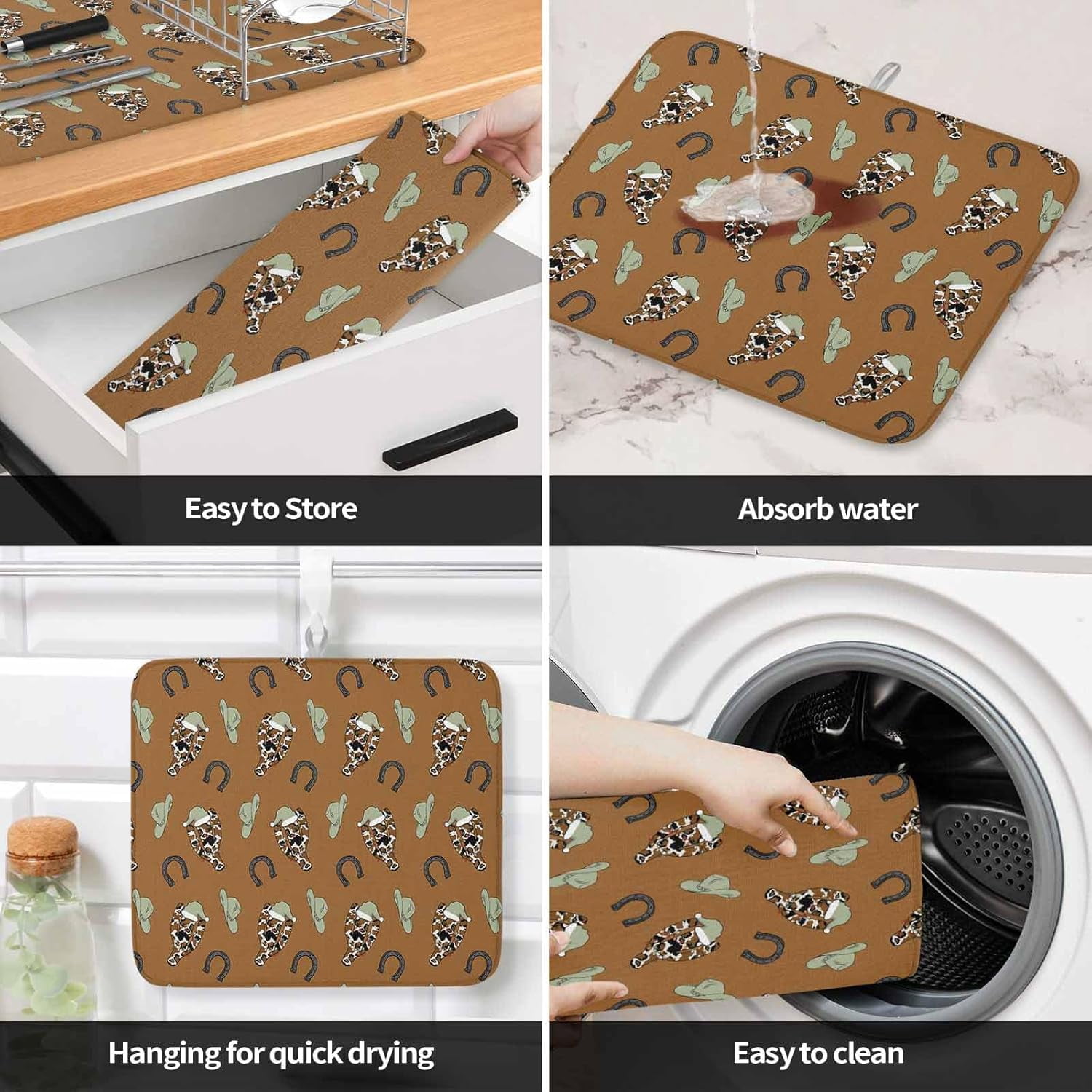 Cowboy Christmas Dish Drying Mat for Kitchen Counter, Western Brown Cactus Xmas Sage Green Baby Bottle Microfiber Drying Pad, Absorbent Coffee Cup Dishes Drainer Mats 16"x18", 2 Pcs