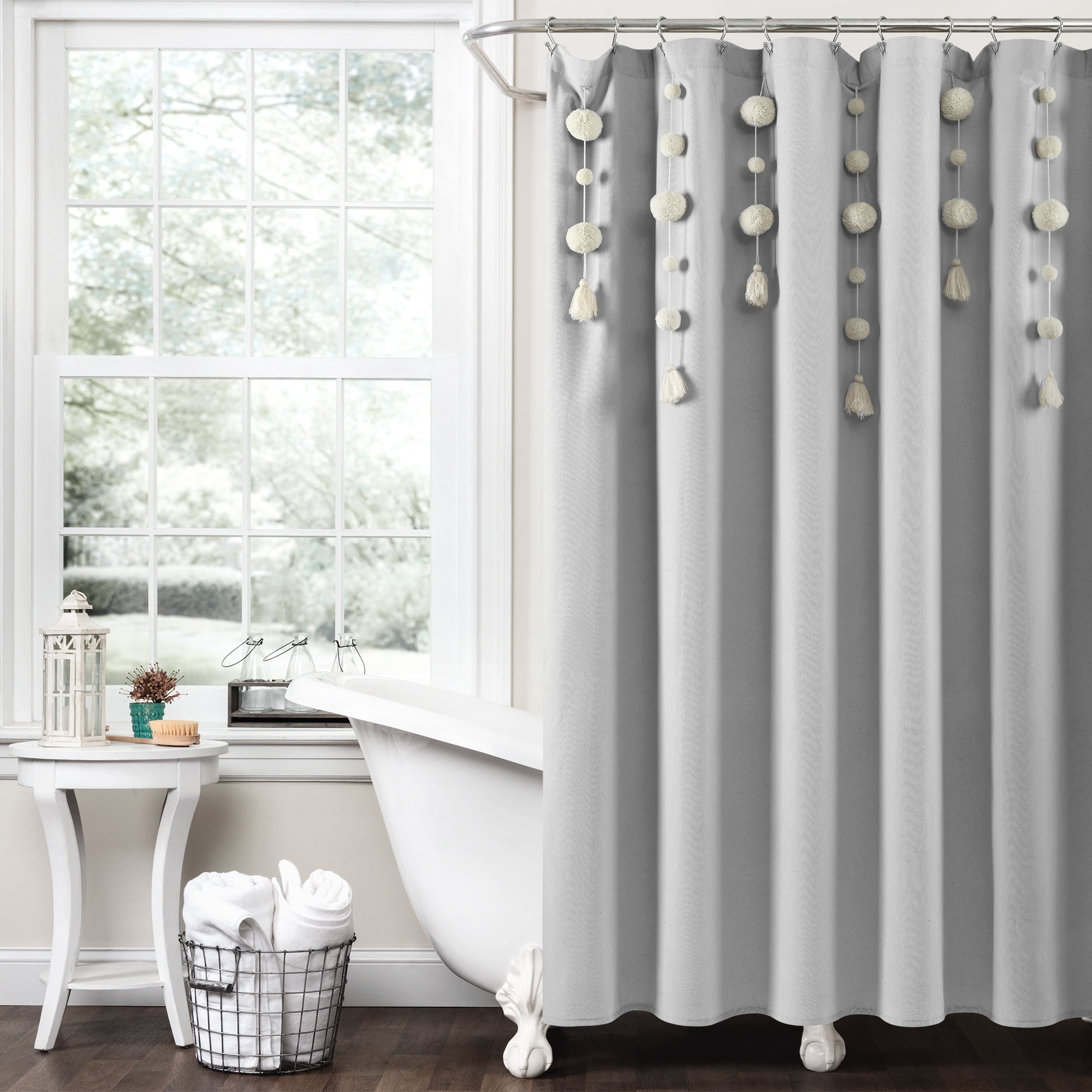 Black Grey White Boho YoKii Tassel Fabric Shower Curtain 72 x 72, Nordic Chic 