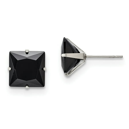Stainless Steel Polished 10mm Black Square CZ Stud Post Earrings