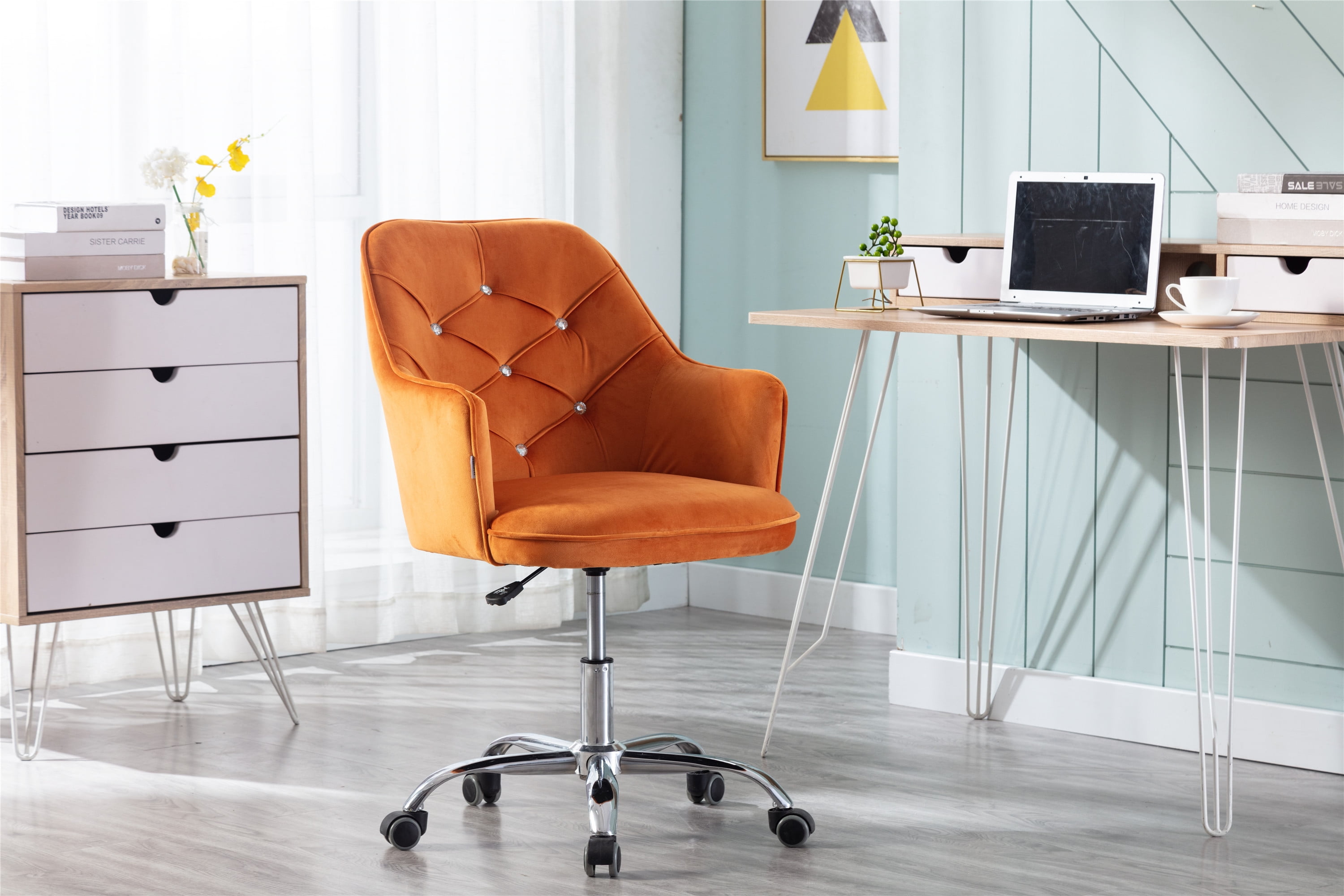 Tufted Vanity Chair with 5 Wheels, Living Room 360 Degree Swivel Shell