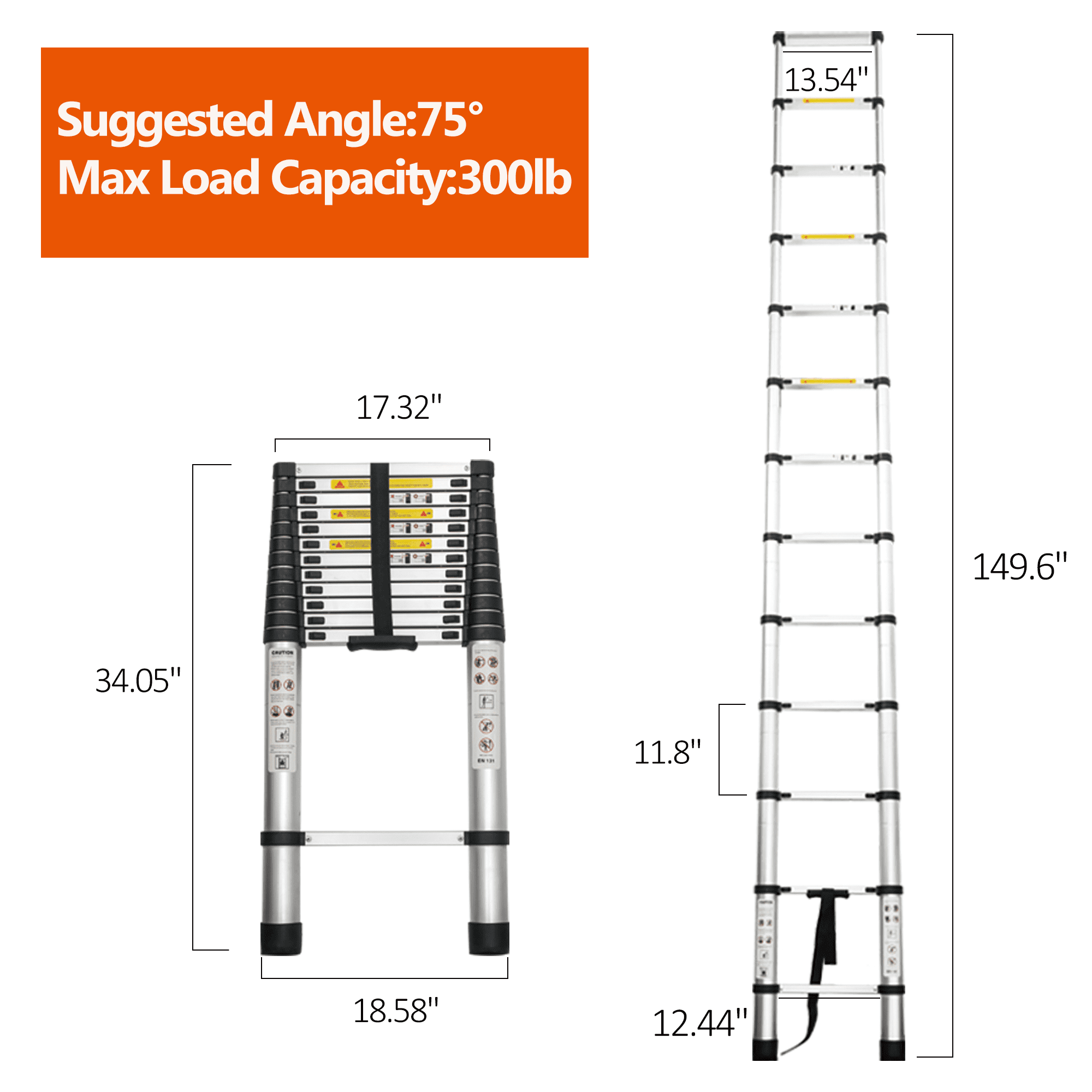 Heavy-Duty 12.5-Foot Telescoping Ladder with Aluminum Alloy Construction, Folding Extension Ladder for Indoor and Outdoor Use, 300 lb Capacity, Black