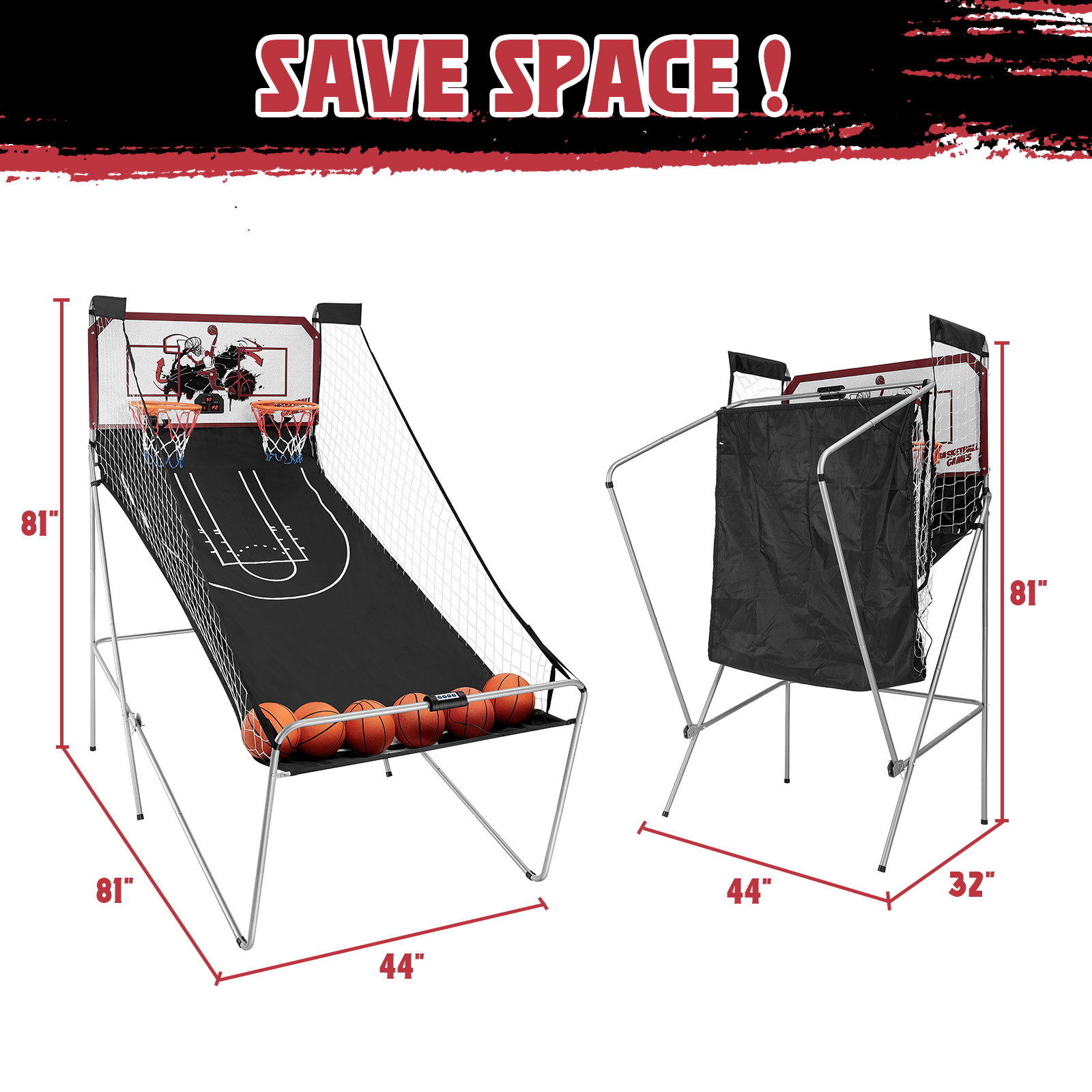 Foldable Arcade Basketball Game for Kids, BTMWAY Dual Shot Electronic Basketball Hoop Indoor, Pinball Machine with Shot Timer | Basketball Scoreboard | 6 Balls - 8 Game Modes（Double Mode 2 Players） - image 5 of 9