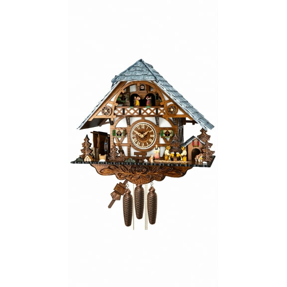 Cuckoo Clock Black Forest house with moving beer drinkers and mill wheel