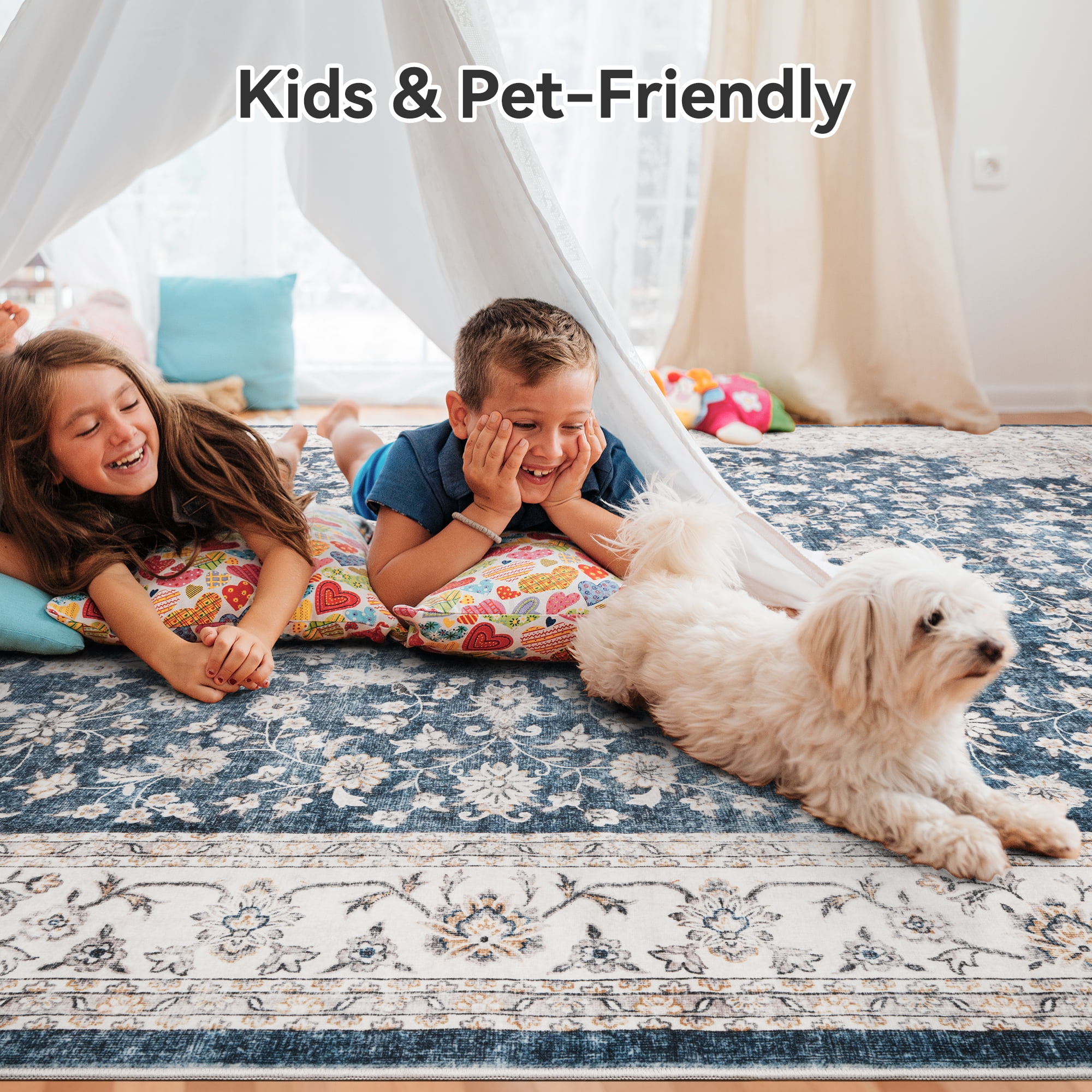 SIXHOME 5x7 Feet Washable Non-Slip Area Rug - Traditional Distressed Vintage Blue Rug with Retro Floral Design, Ultra-Soft Indoor Carpet for Living Room, Bedroom, Dining Room