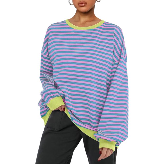 SUNSIOM Sweat-Shirt Rayé pour Femmes Contraste Couleur Manches Longues Col Rond Pull Décontracté Surdimensionné