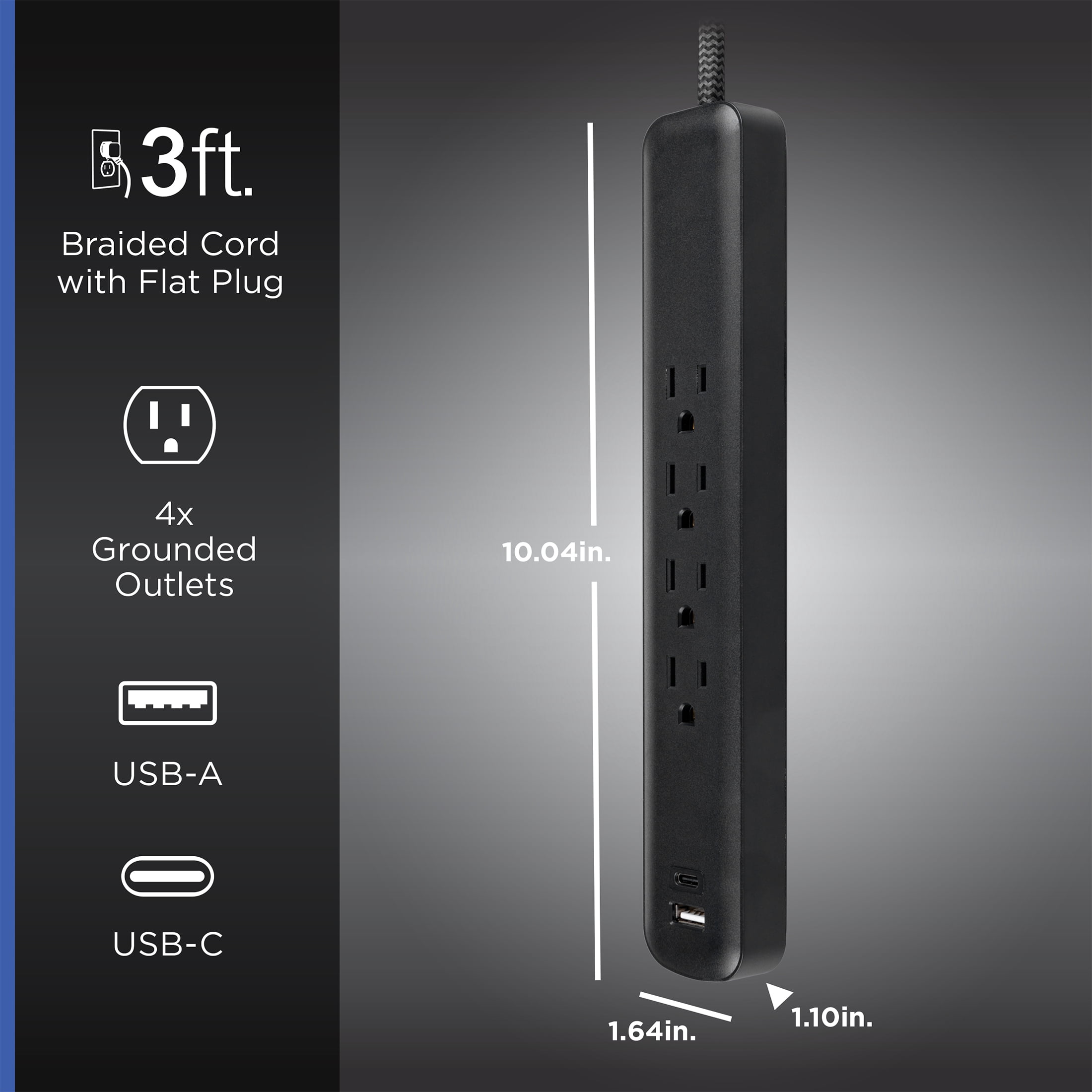 GE Surge Protector Power Strip with USB Ports, 3 FT Braided Extension Cord, 490 Joules, 4 Outlet Extender, 1 USB C, 1 USB A, Flat Plug, Black, 84467