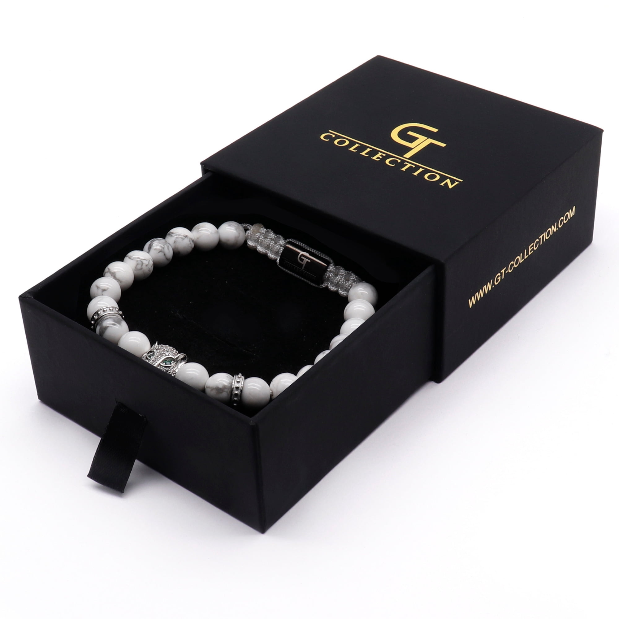 Men's WHITE HOWLITE Bracelet With Silver LEOPARD Head | Gift for Men | One Size Fits All | 100% Natural | Gemstone Adjustable Bracelet