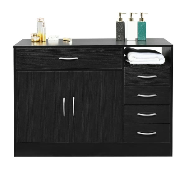 Bathroom Cabinet, MDF with Triamine Double Doors and Five Drawers, Black