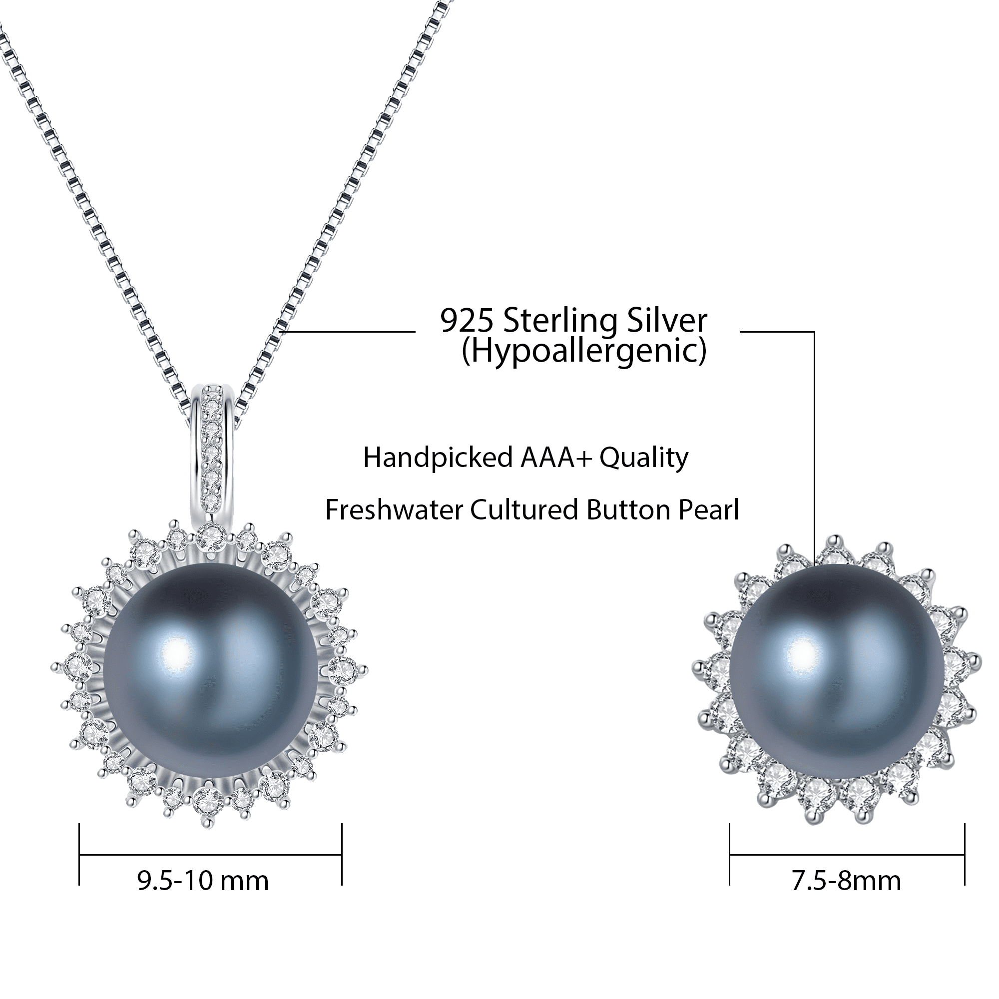 YAMI10-11mm Black Pearl Necklace and Earring Set, Sunflower Design, 925 Sterling Silver Cultured Pearl Jewelry Gift for Women