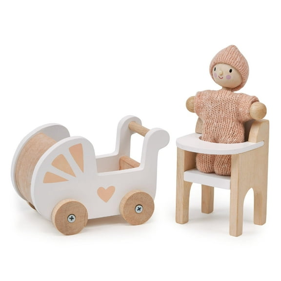 Mentari Toys - Nursery Set - Wooden Dollhouse Nursery Set - Incl Doll Baby in a Knitted Playsuit, Pram, Highchair and Other Accessories - Age 3 