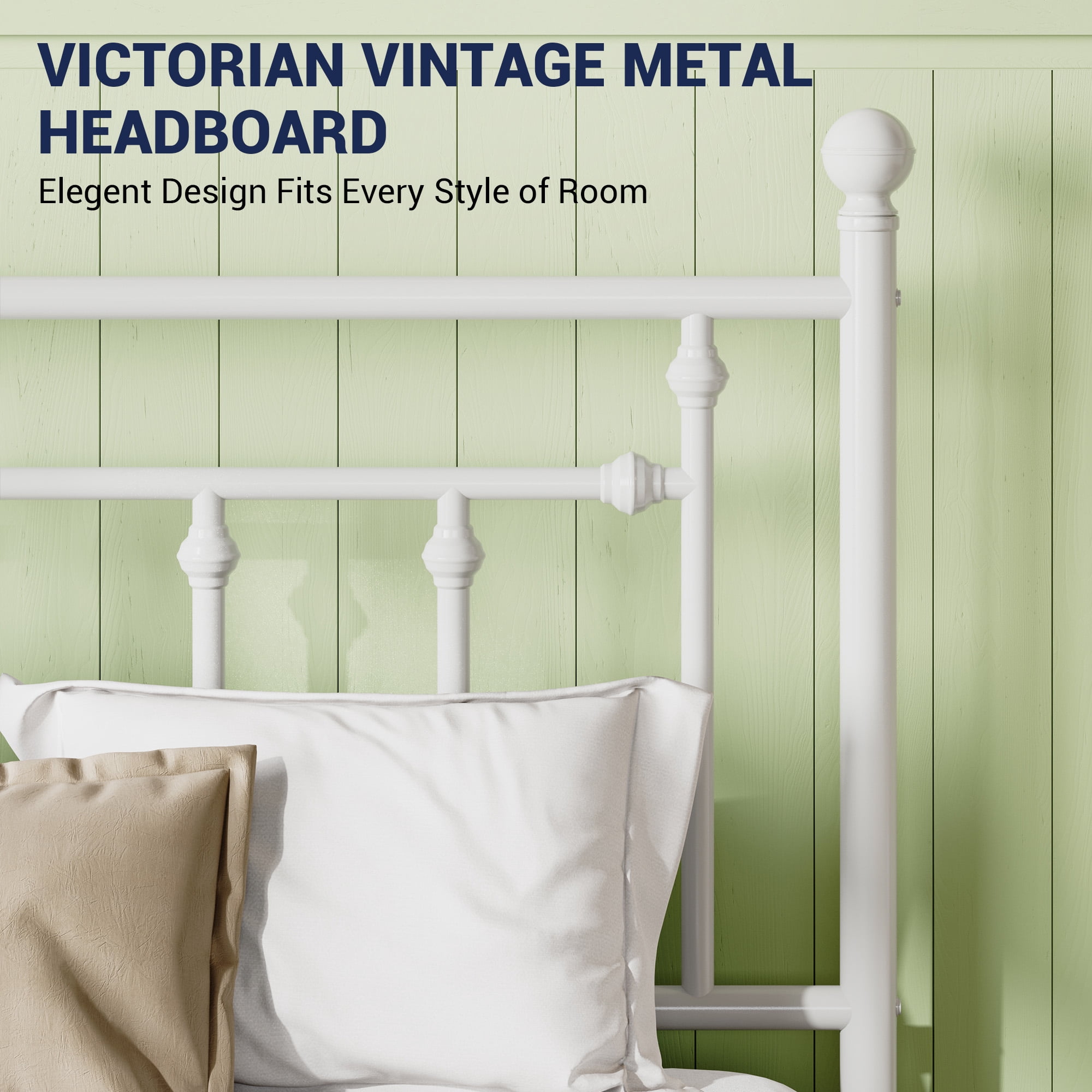 Sifurni Queen Size Metal Platform Bed Frame with Victorian Vintage Headboard, White
