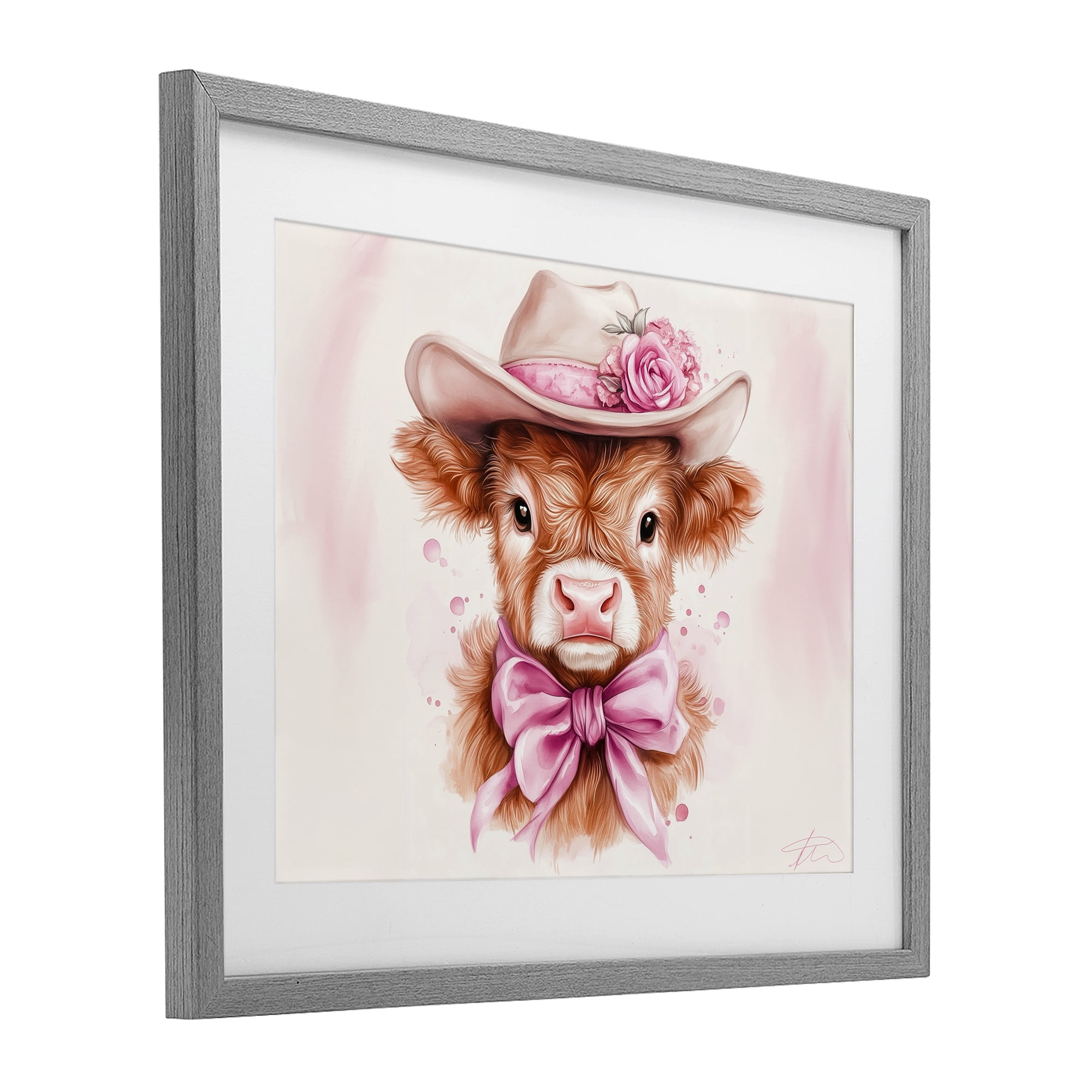 Pretty In Pink Cow Gray Framed Print Under Glass, design by Shawna Stewart