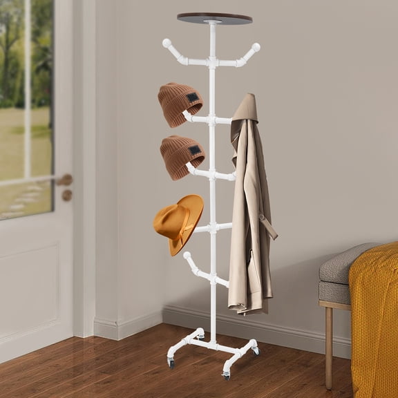White Steel 34*34*166cm Ten-Hook Hat Rack With Wheels Mobile Clothes Rack Industrial Porch Rack