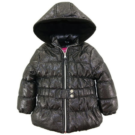 pink platinum toddler girl puffer coat with all over spray print winter jacket with mock