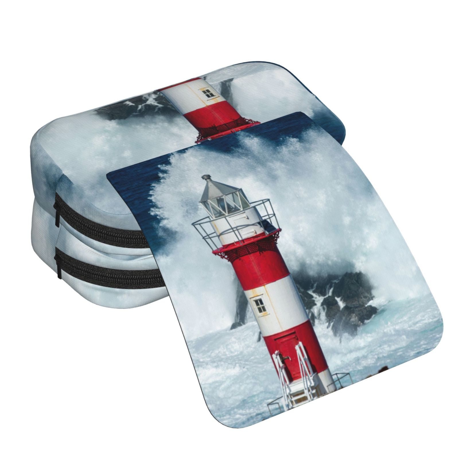 Rateoe Circular Lighthouse Pattern Double Clamshell Pen Case, Storage Organizer with Two Zipper Compartments– Holds Up to 50 Pencils & Pens