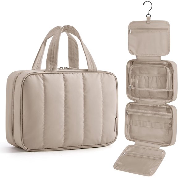 Travel Toiletry Bag for women, Portable Hanging Hook Makeup Bag Organizer, Waterproof Makeup Cosmetic Bag, for Full-Size Accessories, Toiletries, Camel