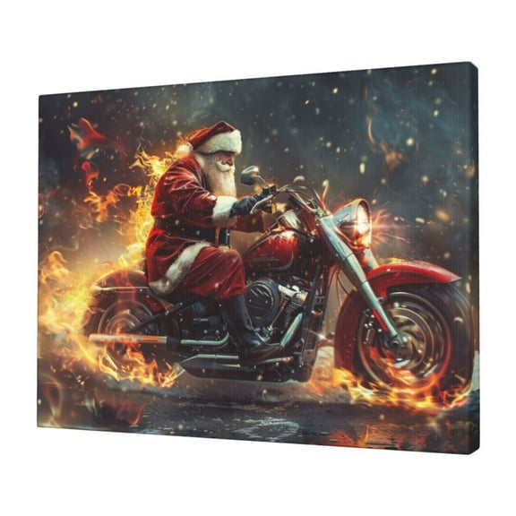 12x16 inch Santa Claus Rides A Flame Motorcycle Canvas Painting Wall Decor Prints,Bar,Garage,Book Room Wall Art Canvas Paintings Decor,Funny Santa Claus Festival Rides Decoration Picture Gift