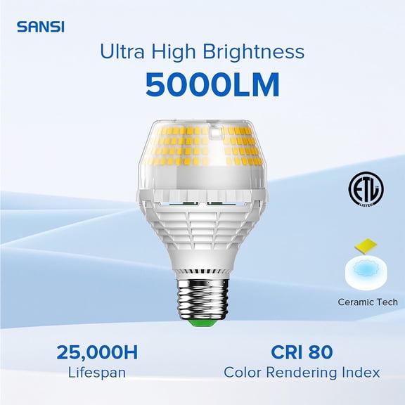 SANSI 35 Watts (400W Equiv) A19 LED Light Bulb, 5000 Lumens, E26 Base, 5000K Daylight Non-Dimmable