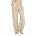 thumbnail image 1 of WEIYLL Summer Pants for Women Wide Waist Long Drawstring Linen Elastic Leg Solid Beige Pant size M, 1 of 5