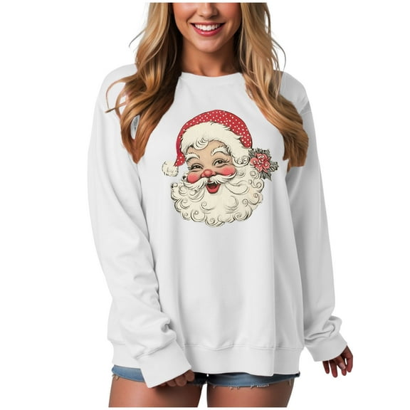 larppty Women's Retro Santa Xmas Holiday Sweatshirts - Merry Christmas Pullovers Party Outfits (White, XXL)