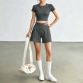 thumbnail image 4 of Women's 2 Piece Yoga Workout Outfit Crewneck Short Sleeve Crop Top and Athletic Shorts Sets Casual Tracksuits Running Gym Matching Set Gray, 4 of 5