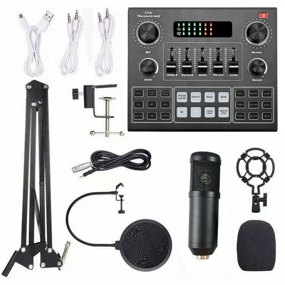 Multifunctional Live V9 Sound Card and BM800 Suspension Microphone Kit Broadcasting Recording Condenser Microphone Set Intelligent Webcast Live Sound Card for Computers and Mobilephone