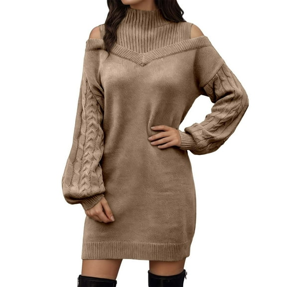 Fiaer Sweater Dresses for Women Turtleneck Long Sleeve Thermal Warm Loose Fit Casual Trendy Mini Dress Khaki XL