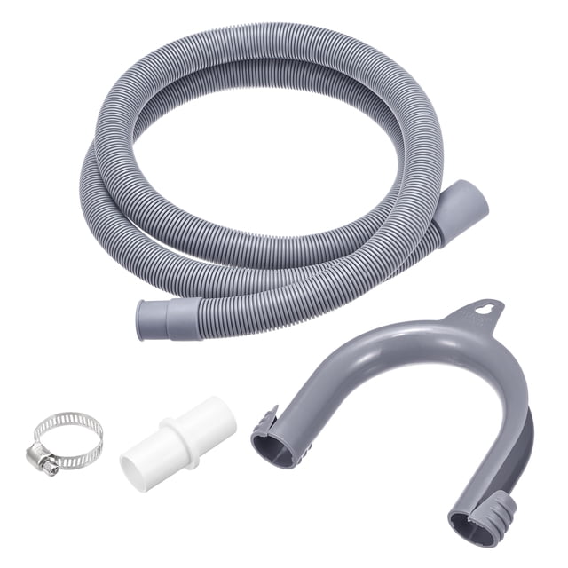 lavadora máquina drenaje unique bargains manguera extensión kits 4.92 pies gris para lavadora máquina con extensión adaptador u-curva manguera soporte 2 abrazaderas Kit de manguera de drenaje de 1,5 m (4.92 pies) gris: vista frontal con la manguera corrugada de EVA enrollada y extremos cónicos, adaptador de extensión blanco, soporte en U gris y dos abrazaderas metálicas; diámetros interiores 25×27 mm y 20×25 mm. A menudo se usa también para extender temporalmente desagües de lavaderos domésticos.