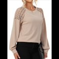 thumbnail image 1 of Blusas de Larga para Mujer, Elegantes, Informales, con Cuello Redondo, de Punto con Encaje de Gofre y Patchwork, Blusas Holgadas A Caqui XL, 1 of 7
