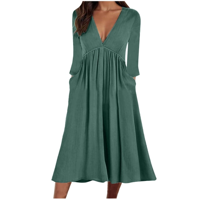 ameIAEA Casual Dress for Women Fall Long Sleeve V Neck Ruffle A-Line Dresses with Pockets