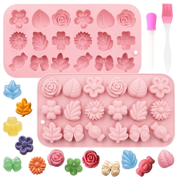 2 Pack Cute Flower Candy Silicone Molds with Dropper and Brush, Daisy Leaf Bow Rose Floral Fondant Molds, for Ice Chocolate Jelly Gummy Pudding Soap Cupcake Topper Resin DIY Craft Decoration