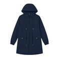 thumbnail image 4 of Women's Zip Up Hooded Windbreaker Jacket Drawstring Waist Mid Length Casual Trench Coat with Pockets Fall Winter Outerwear for Outdoor Navy, 4 of 7