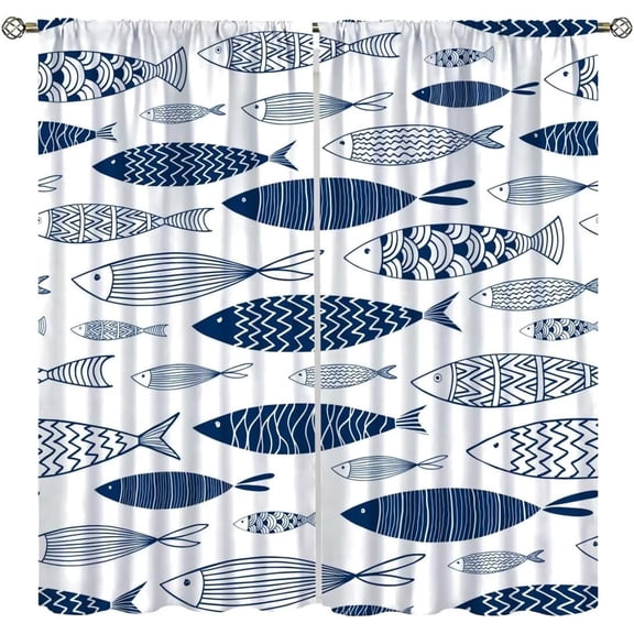 Funny Fish Curtains for Bedroom,Tropical Beach Theme Nautical Fish Print Window Treatments for Living Room Kitchen Caf,Marine Life Window Drapes 2 Panel Set,Total Size 42 x 63 Inch