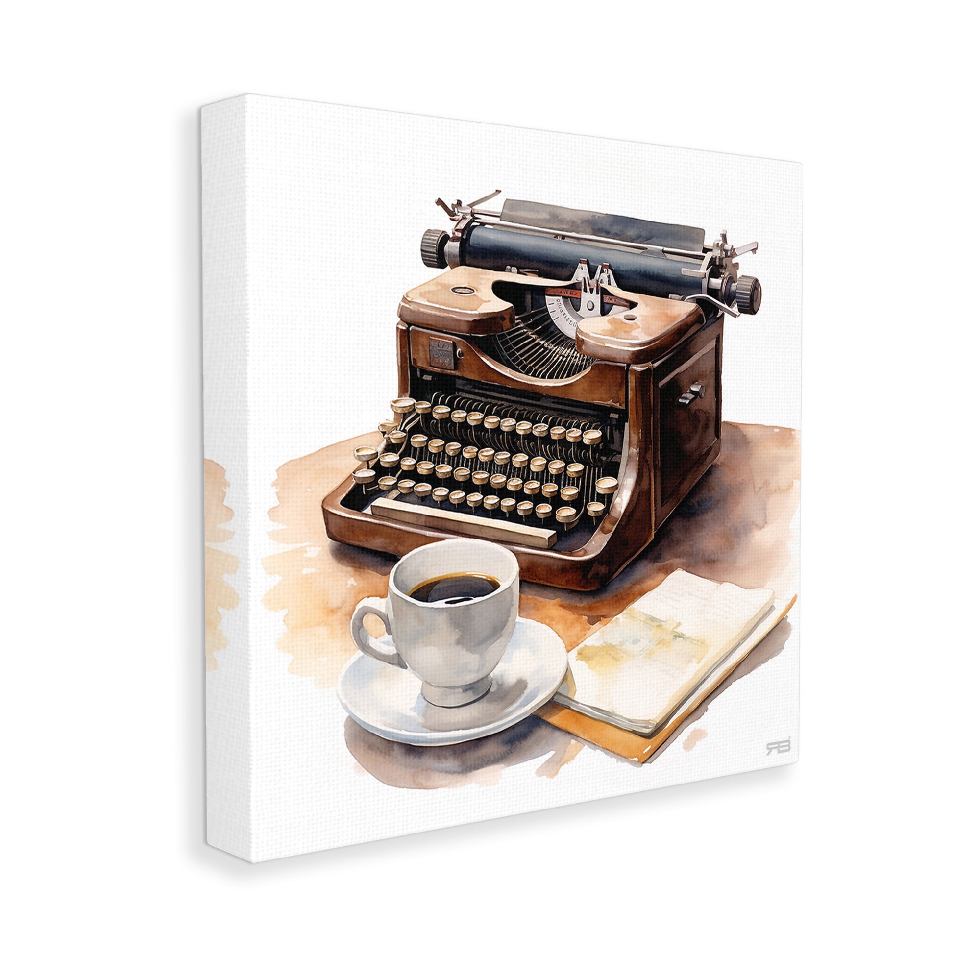 Stupell Industries Typewriter with Coffee Mug Food & Beverage Painting Gallery Wrapped Canvas Art Print Wall Art, 17 x 17