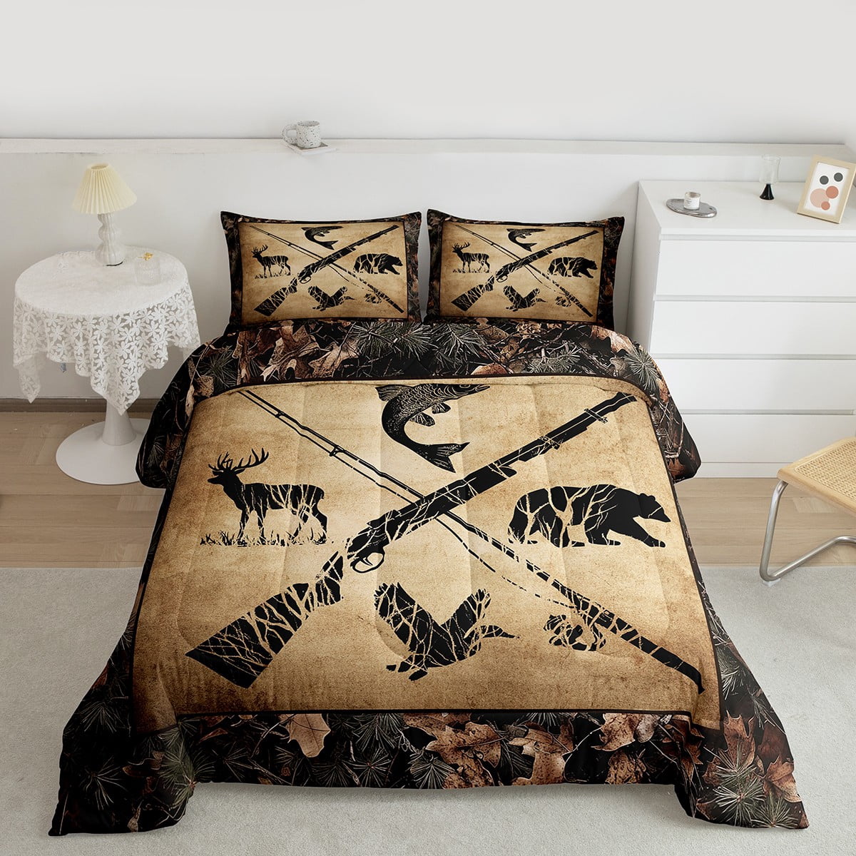 Hunting And Fishing Comforter Set Queen Tree Branch Camo Bedding Set Teen Men,Woodland Wildlife Bass Fish Duck Bear Deer Bed Comforter Set Rustic Farmhouse Cabin Quilt Set