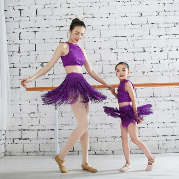 Women and Girls Sleeveless Crop Tops with Tassel Skirt Set for Latin Jazz Ballet Dancewear
