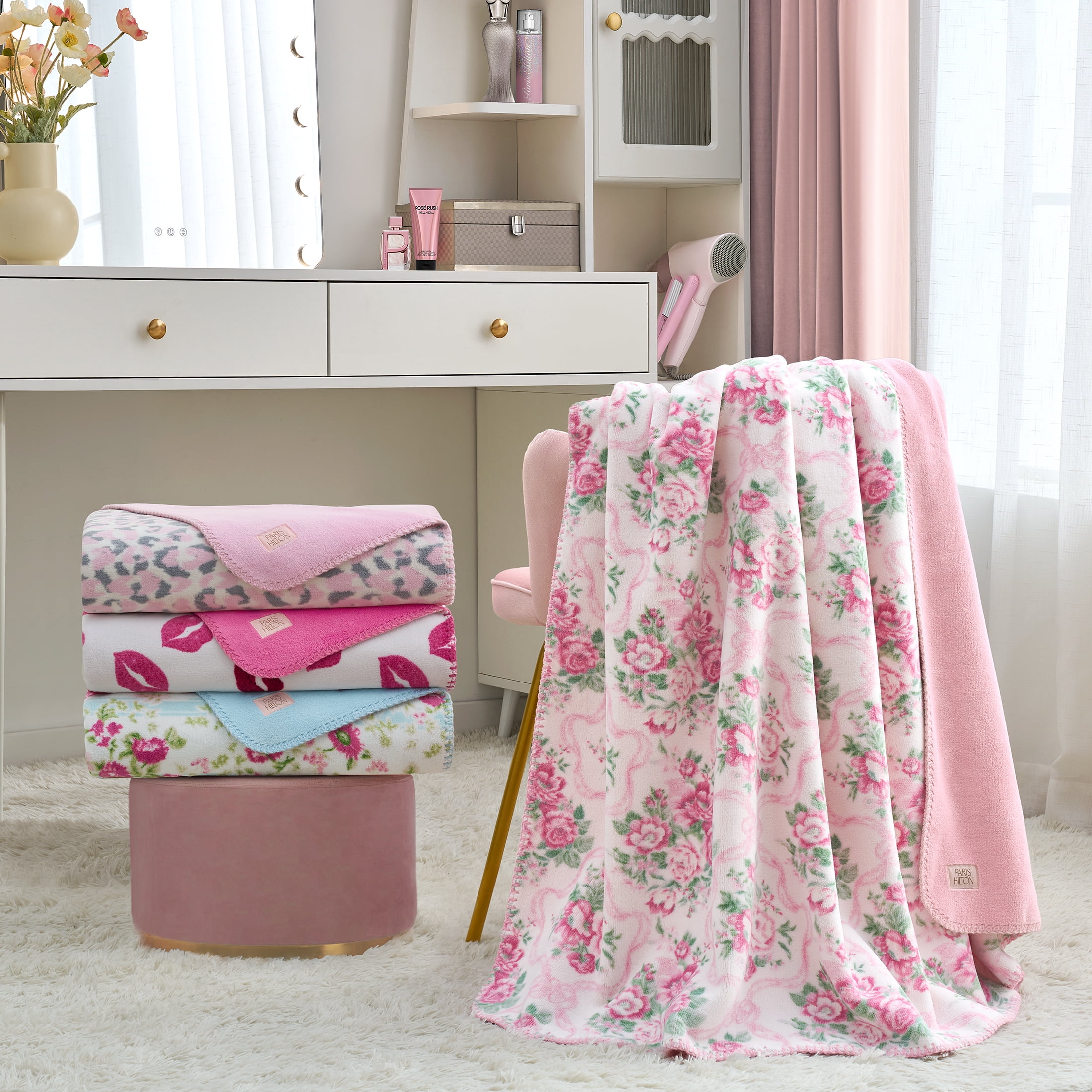 Paris Hilton Plush Throw Blanket, Reversible Fleece, 60" x 70", Pink Leopard