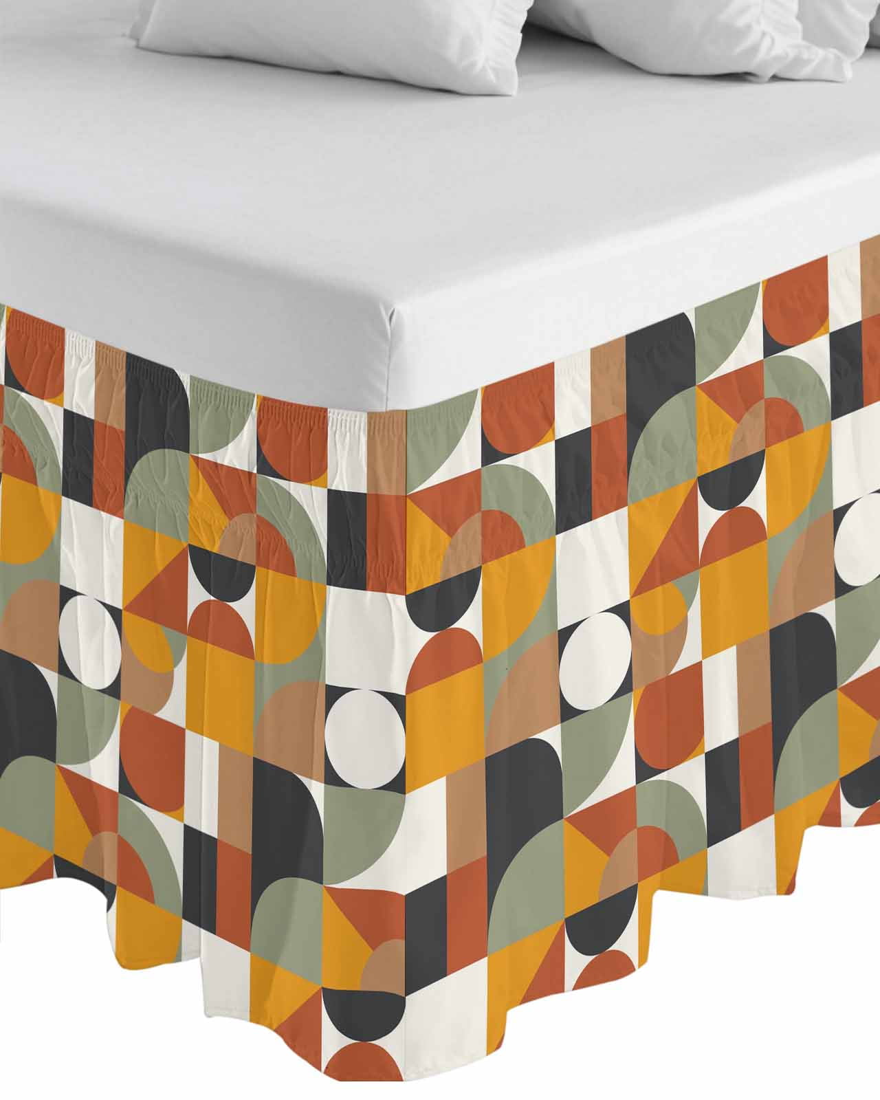 Nordic Retro Ruffle Bed Skirt California King Size Orange Black White Geometric Abstract Art Adjustable Elastic Dust Bed Skirts Wrap Around Bedskirt Wrinkle Free Easy Fit with 16 Inch Drop