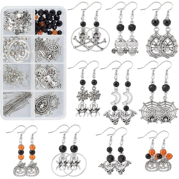 1 Box 1 Box DIY 10 Pairs Halloween Charms Pendants Spider Charms Earring Making Kit Skull Charms for jewellery Making Bat Spider Web Charms Pumpkin Jack-O'-Lantern Craft Adult Women Instruction