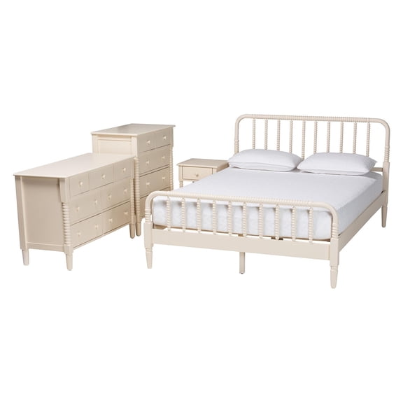 Baxton Studio Braith Ivory Spindle Wood Queen Size 4-Piece Bedroom Set