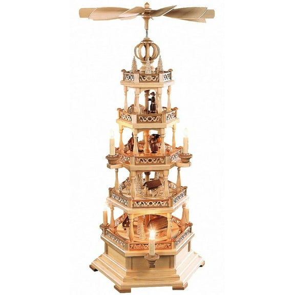 German christmas pyramid Erzgebirge motif, 4-tier, height 77 cm / 30 inch, electrical illuminated and driven (120V, 50Hz for USA and Japan), natural, original Erzgebirge by Müller Seiffen