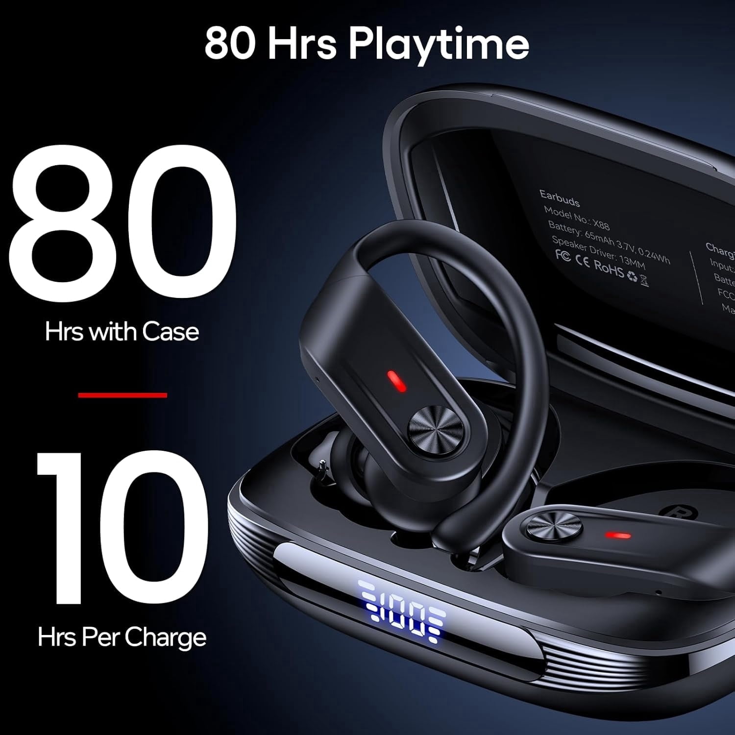 Bluetooth 5.4 Headphones Wireless Earbuds 80Hrs Playtime IPX7 Waterproof Digital Display Sport Ear Buds with Earhook Mic in-Ear Earphones Stereo Sound Earbud for Workout Running Exercise Gym