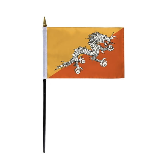 AGAS Bhutan Flag 4x6 inch - 11" Plastic Pole 100% Polyester Stitched Edges Bhutanese National Mini Flag on a Stick