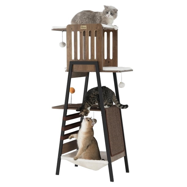 Árbol para Gatos Moderno Torre de 147 cm para Gatos Grandes Maine Coon con Rascador Percha Grande Hamaca y Almohadillas Extraíbles Color Grisáceo