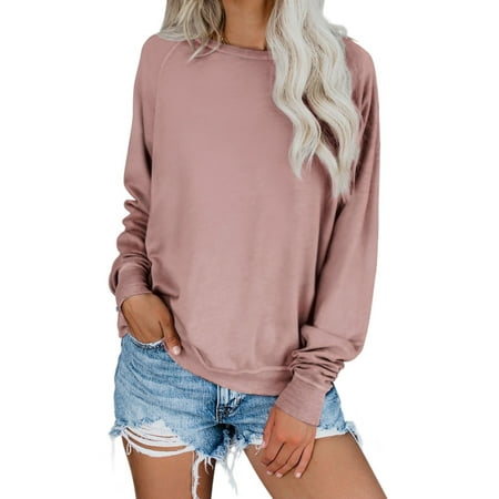 Sidefeel Women Lightweight Pullover Blouse Tops Crew Neck Long Sleeve Solid Shirts S 4-6