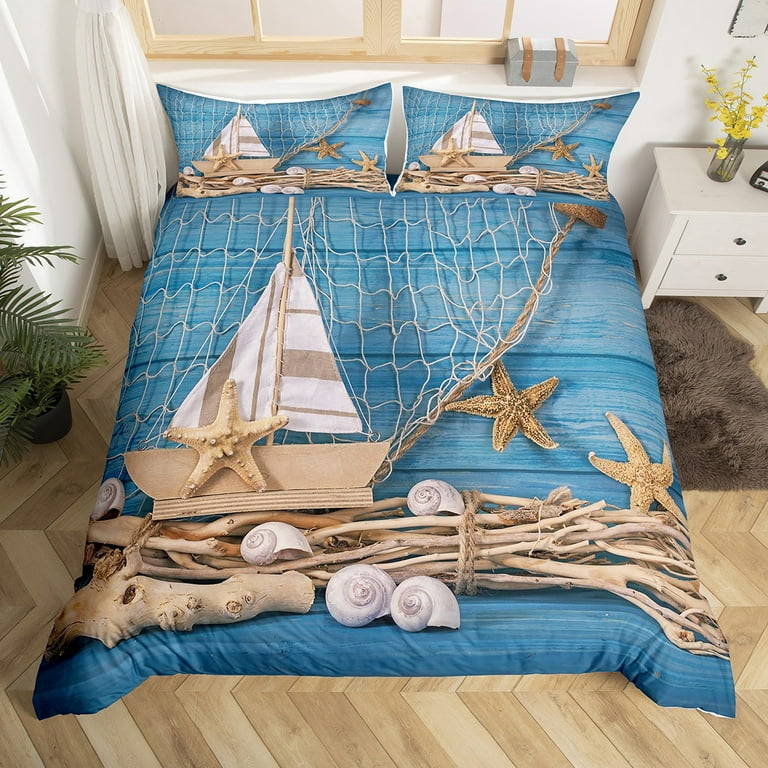 YST Nautical Comforter Cover Hunting and Fishing Bed Set, Sailboat Print  Duvet Cover Twin Size Starfish Conch Bedding Set, Vintage Stripe Bedspread  Cover Fishing Net Rustic Farmhouse Decor 